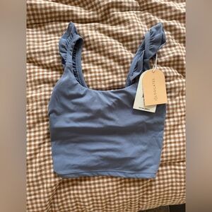 Blue Crop Tank Top with Ruffled Style and Decorative Straps *NEW WITH TAGS*